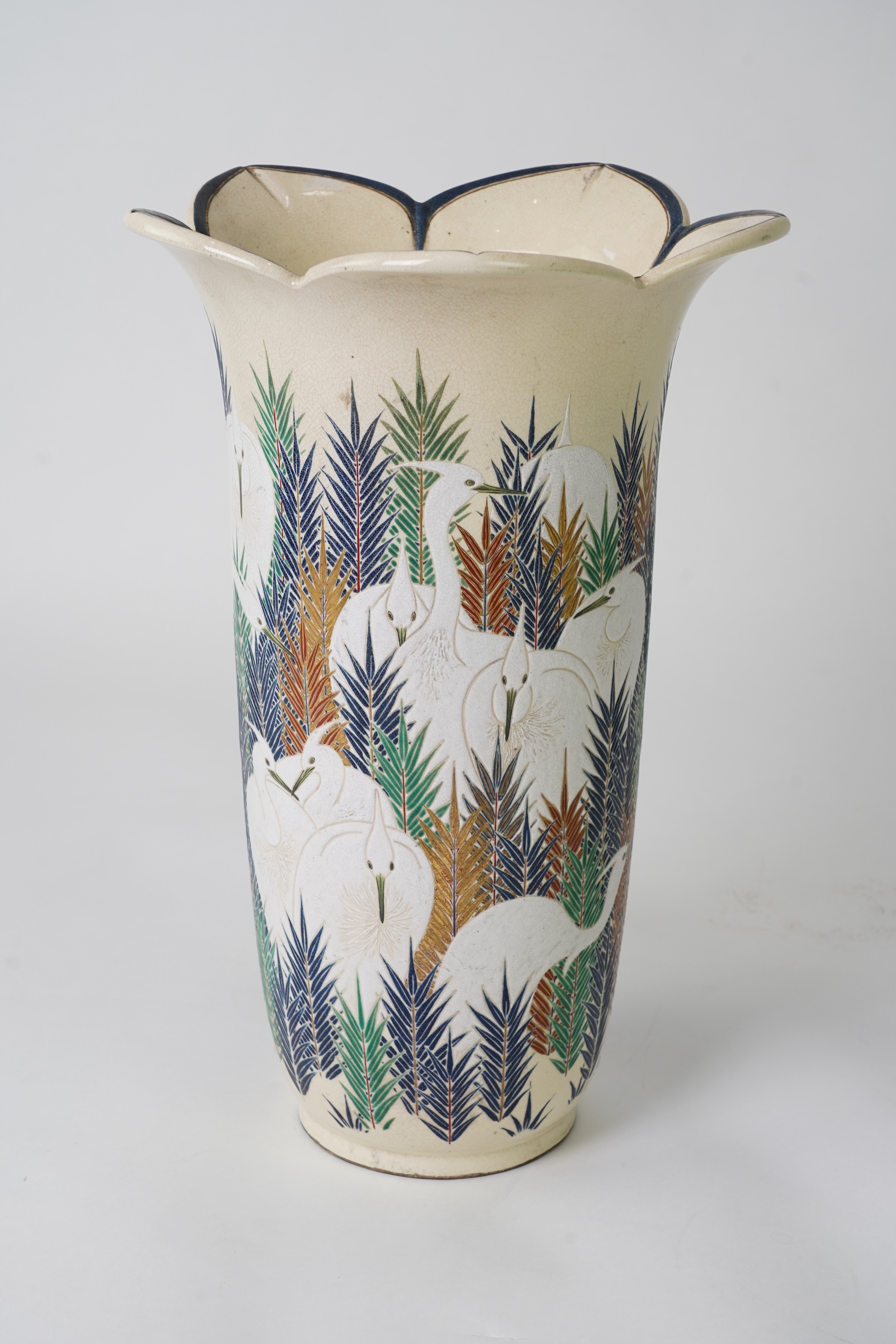 An exhibition size Japanese Satsuma ‘egrets’ vase, Meiji period, signed Tansai